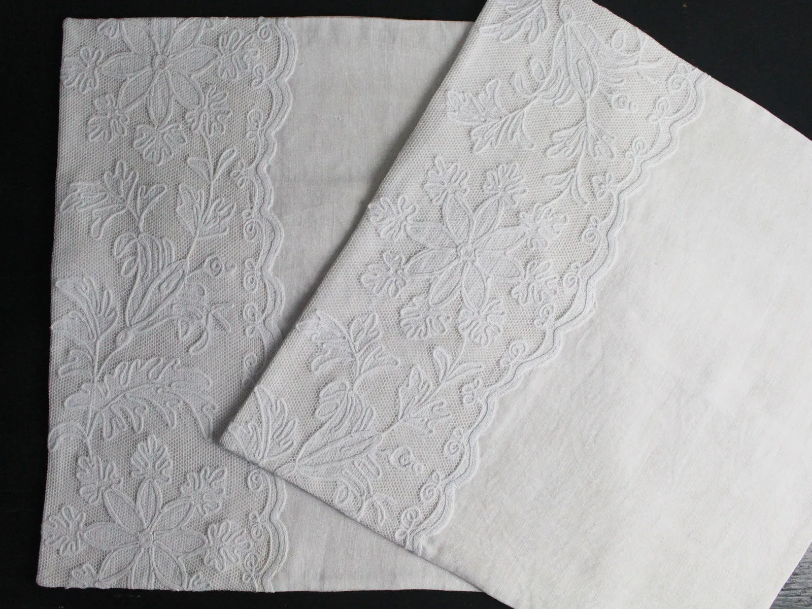 40cm Square Cushion - Antique French Fine Embroidered Tulle on Linen