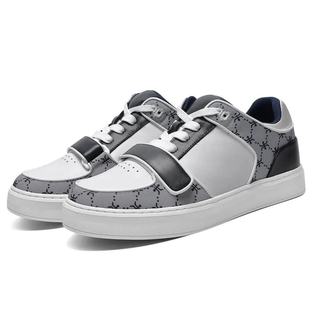 6 CM/2.36 Inches CMR CHAMARIPA Casual Elevator Shoes for Men - White Leather & Grey Printed Cloth