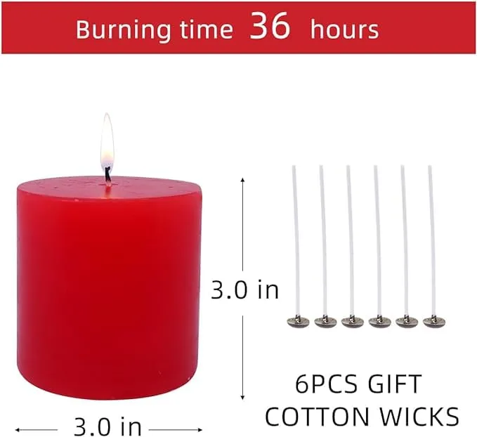 6 Pack 3x3 Inch Red Pillar Candles for Romantic Valentine's Day and Christmas, Unscented Column Candle for Home Restaurants, Smokeless Dripless and Clean Burning Emergency Candle