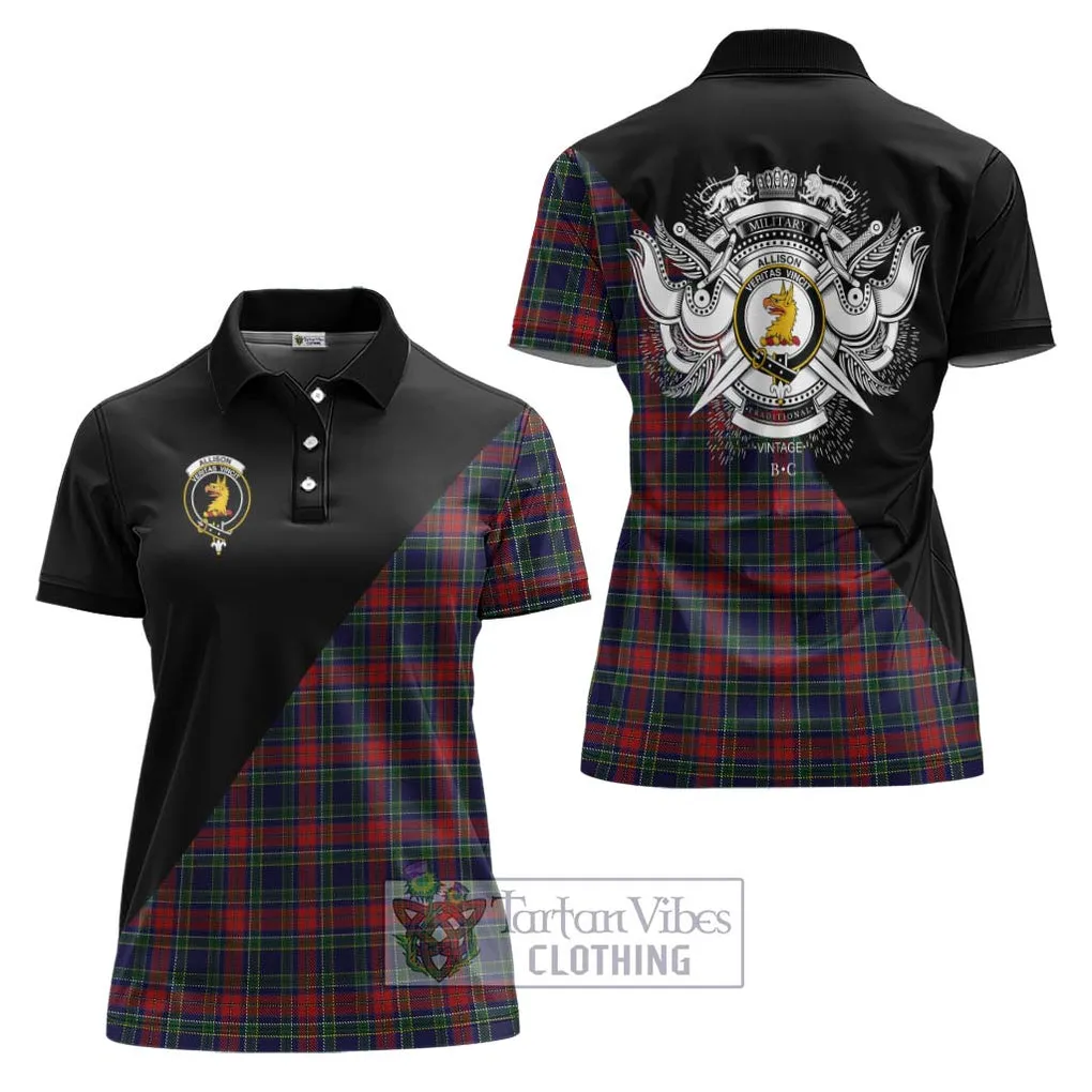 Allison Red Tartan Women's Polo Shirt with Family Crest and Military Logo Style