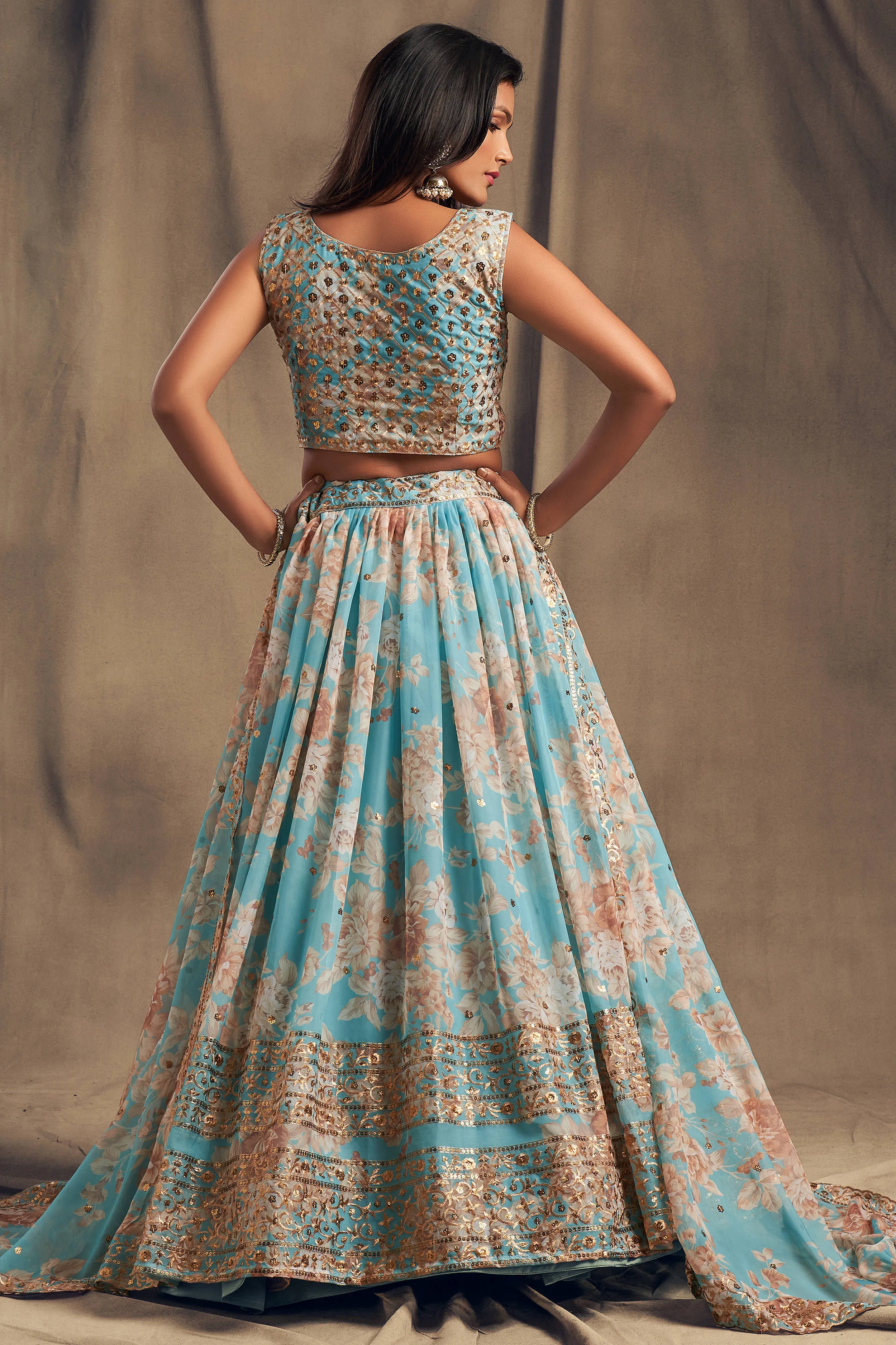 Awesome Sky Blue Zari Embroidery Organza Occasional Wear Lehenga Choli