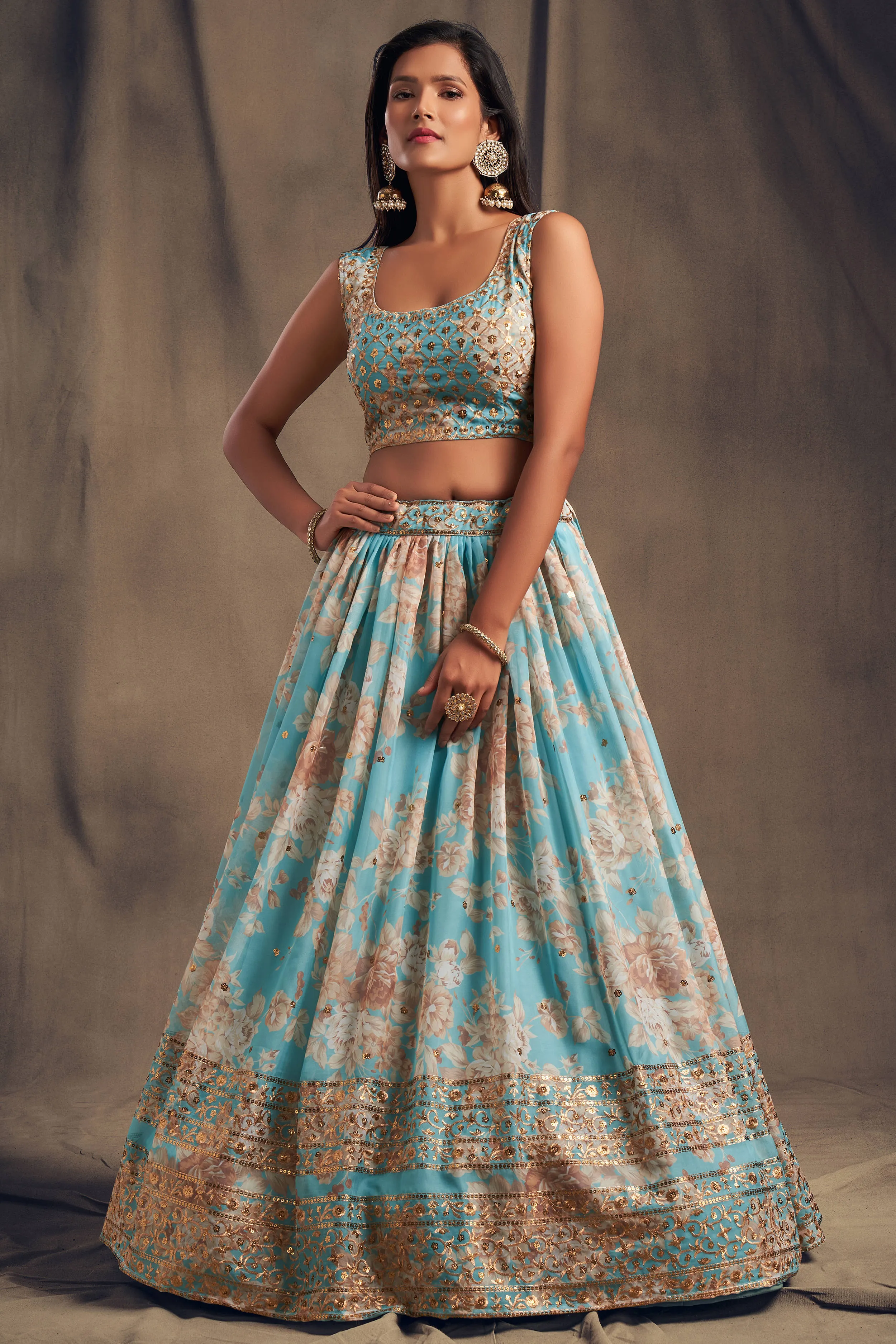 Awesome Sky Blue Zari Embroidery Organza Occasional Wear Lehenga Choli