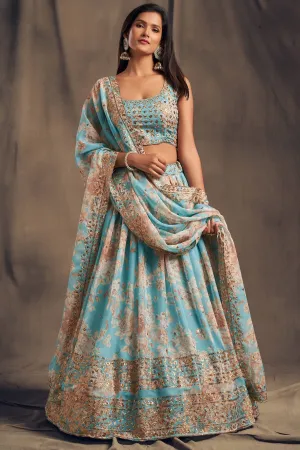 Awesome Sky Blue Zari Embroidery Organza Occasional Wear Lehenga Choli