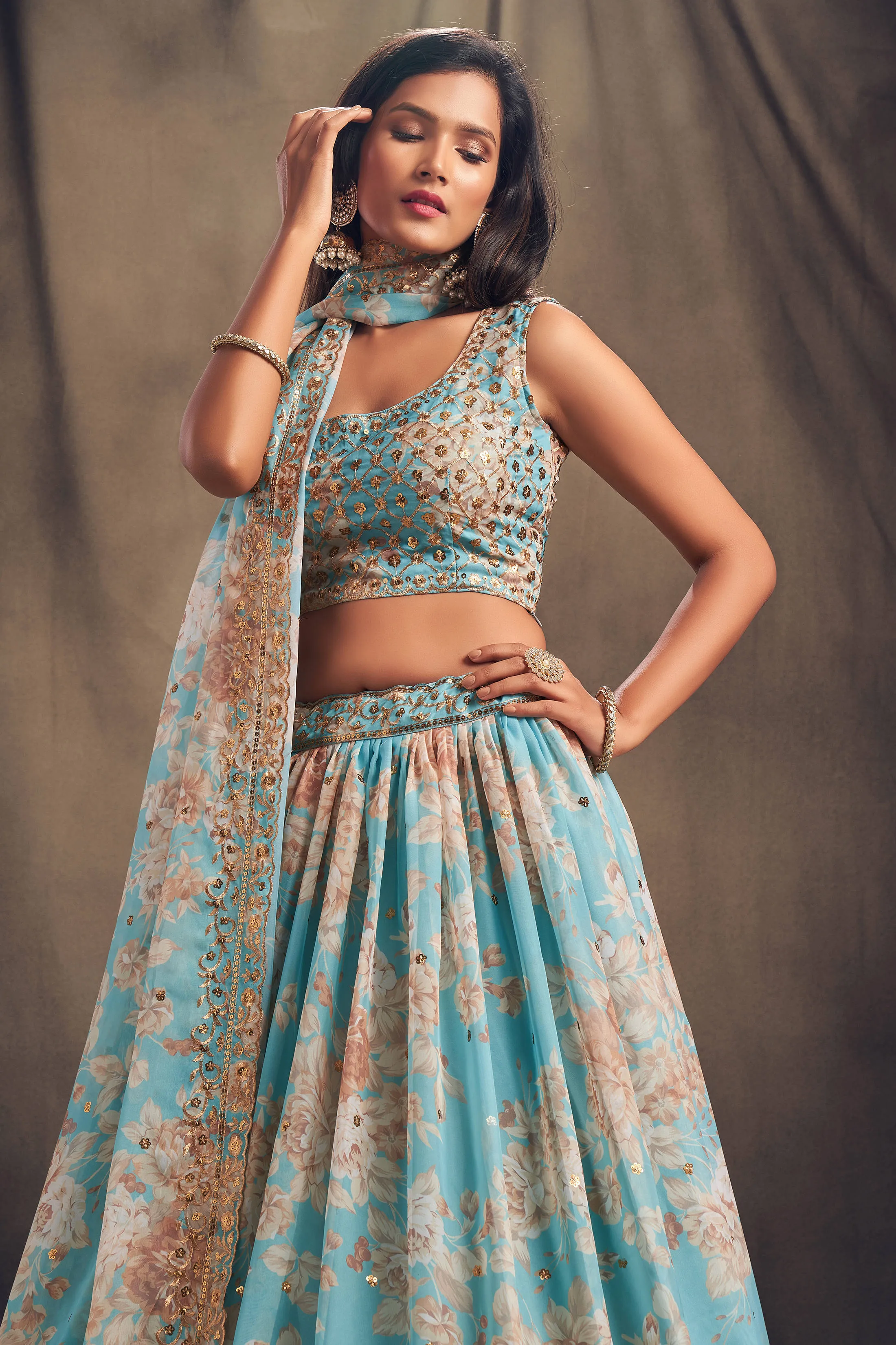 Awesome Sky Blue Zari Embroidery Organza Occasional Wear Lehenga Choli