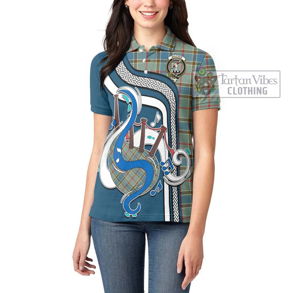 Balfour Blue Tartan Women's Polo Shirt with Epic Bagpipe Style