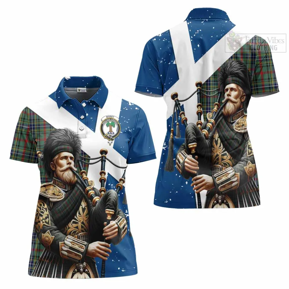 Bisset Tartan Women's Polo Shirt with Family Crest Scottish Bagpiper Vibes