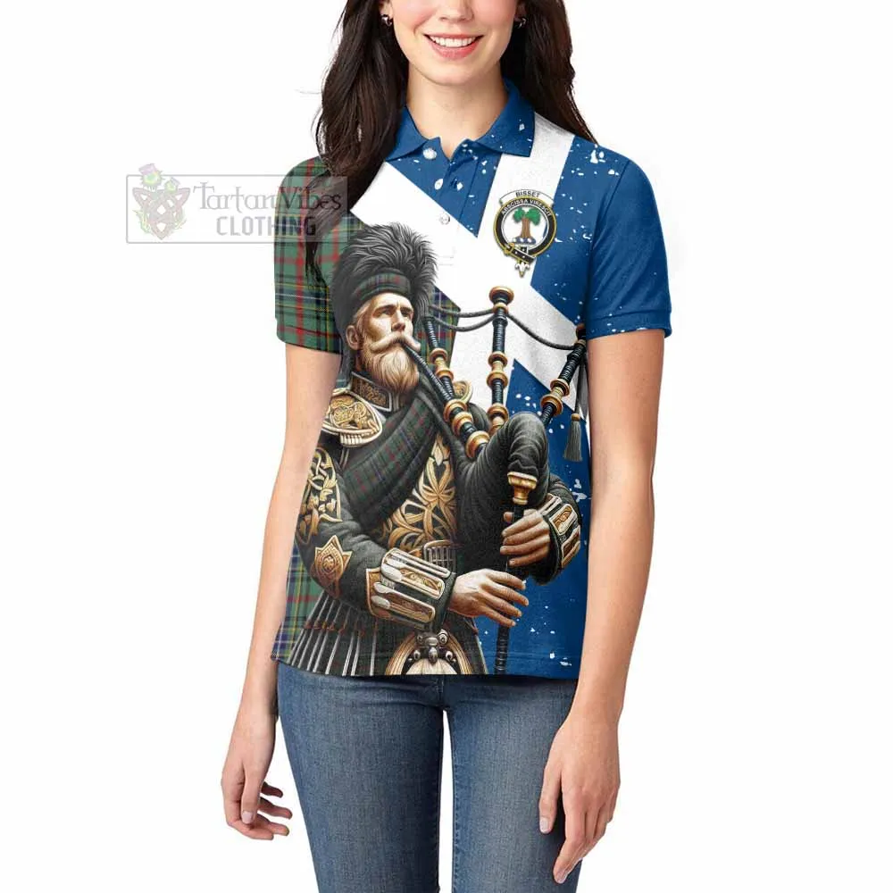 Bisset Tartan Women's Polo Shirt with Family Crest Scottish Bagpiper Vibes