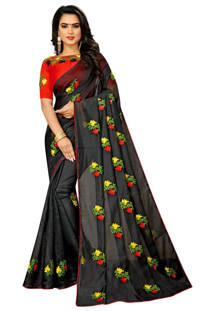 Black Cotton Embroidered Saree with Blouse piece