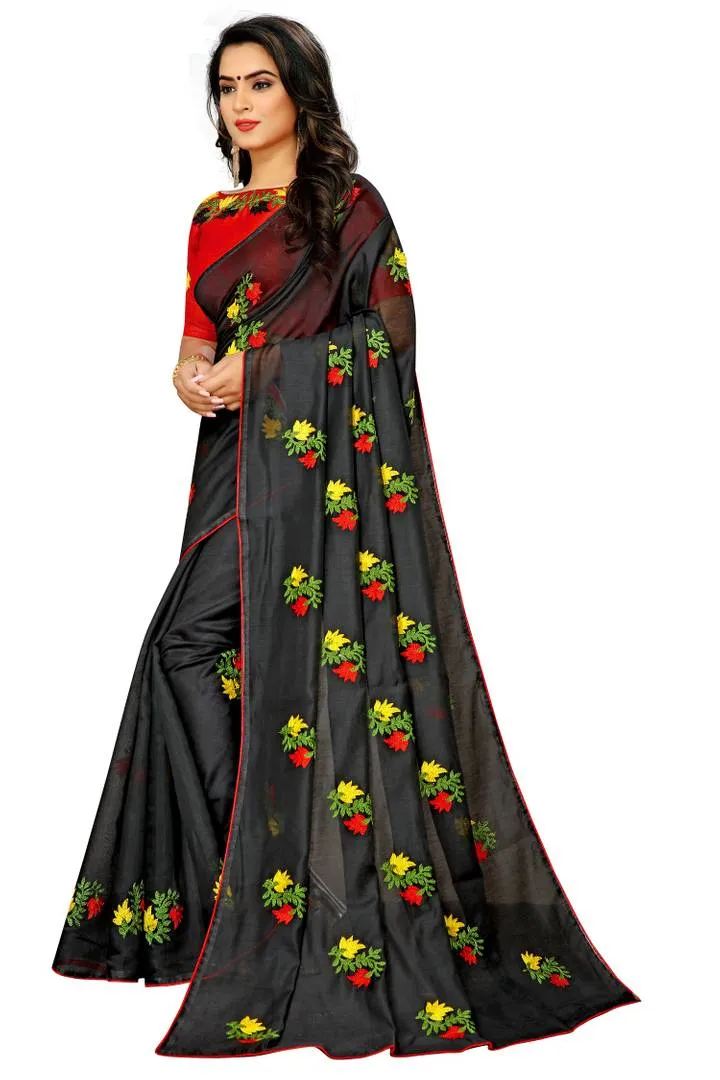 Black Cotton Embroidered Saree with Blouse piece