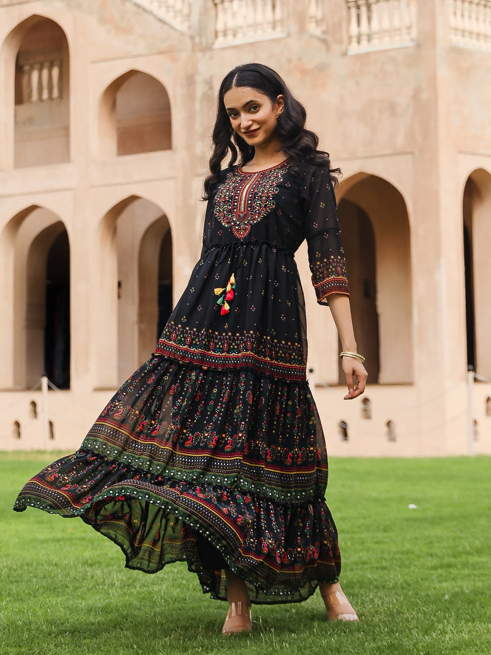 Black Ethnic Motif Printed Georgette Maxi Dress With Sequins & Doris At Waist