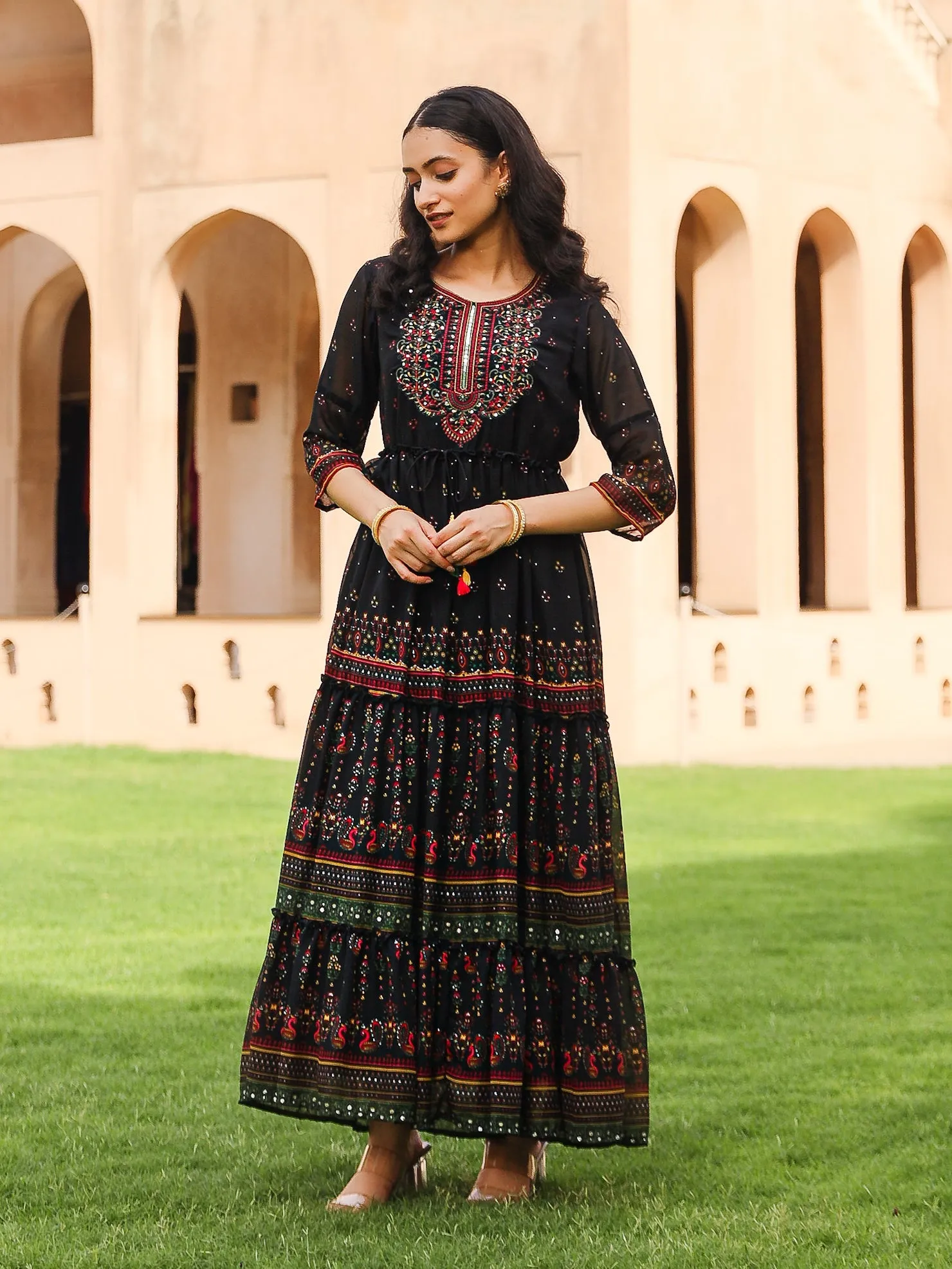 Black Ethnic Motif Printed Georgette Maxi Dress With Sequins & Doris At Waist