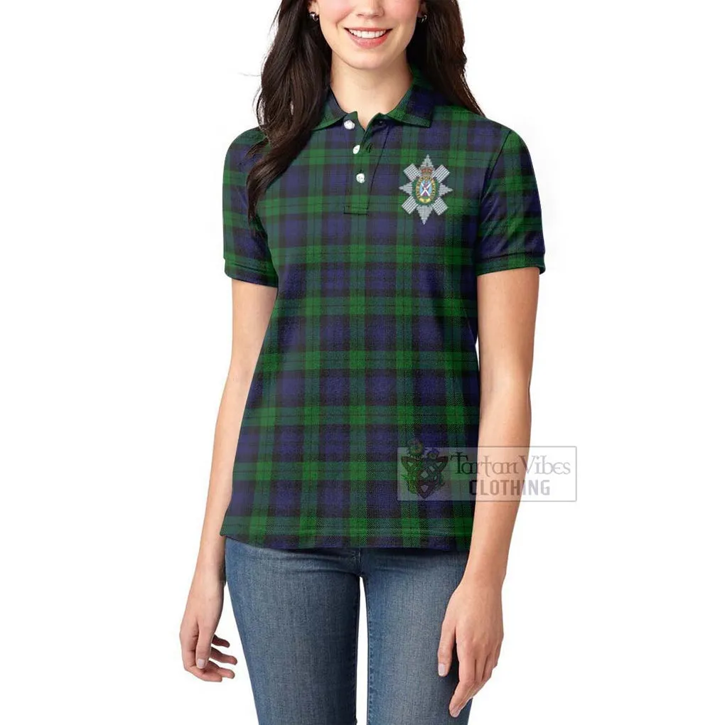 Black Watch Tartan Women's Polo Shirt with Family Crest and Bearded Skull Holding Bottles of Whiskey