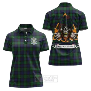 Black Watch Tartan Women's Polo Shirt with Family Crest and Bearded Skull Holding Bottles of Whiskey