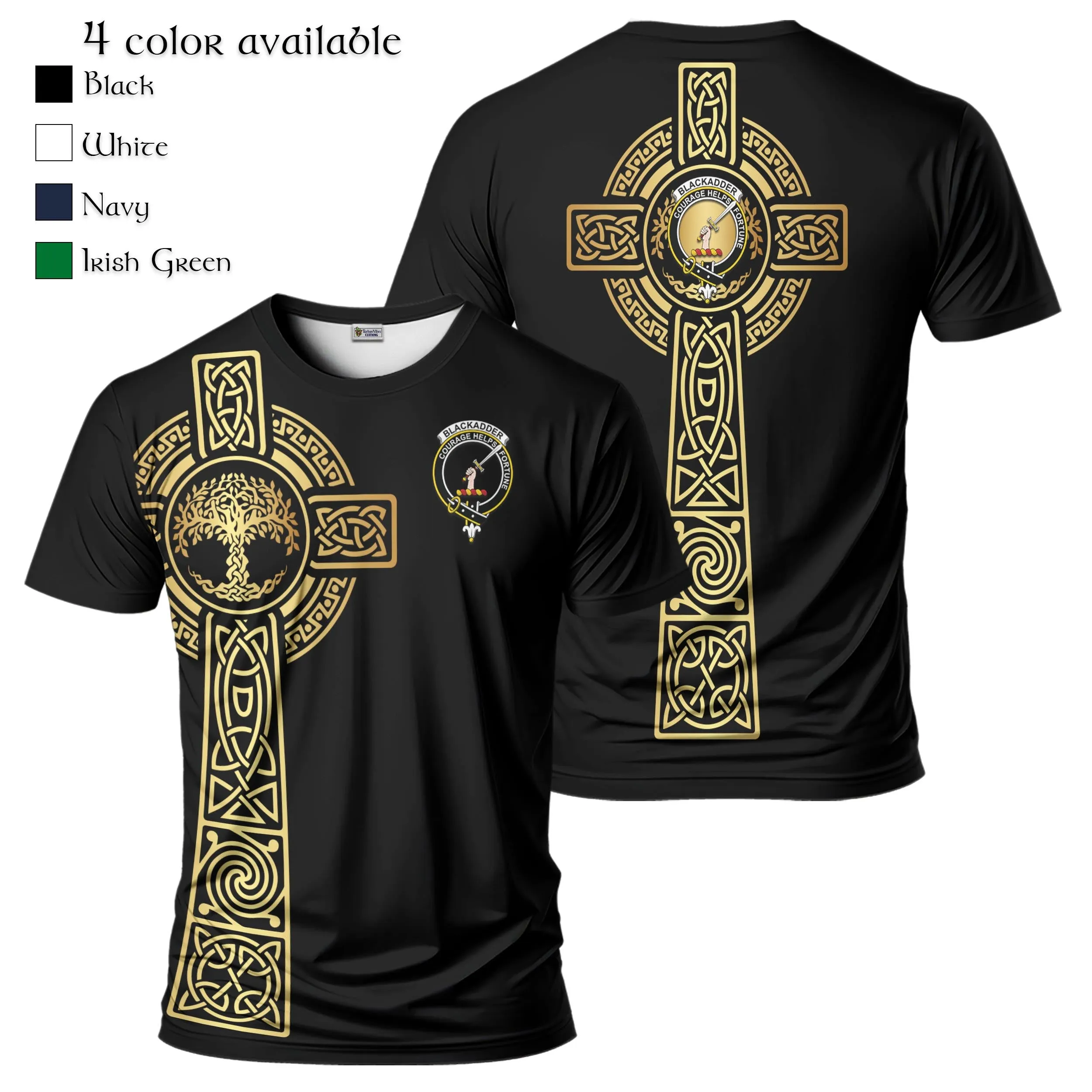 Blackadder Clan Mens T-Shirt with Golden Celtic Tree Of Life