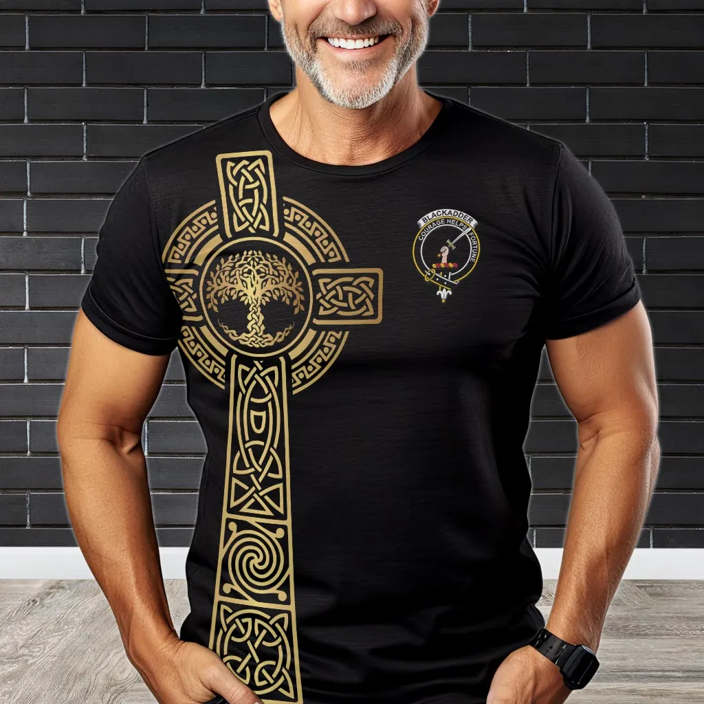 Blackadder Clan Mens T-Shirt with Golden Celtic Tree Of Life