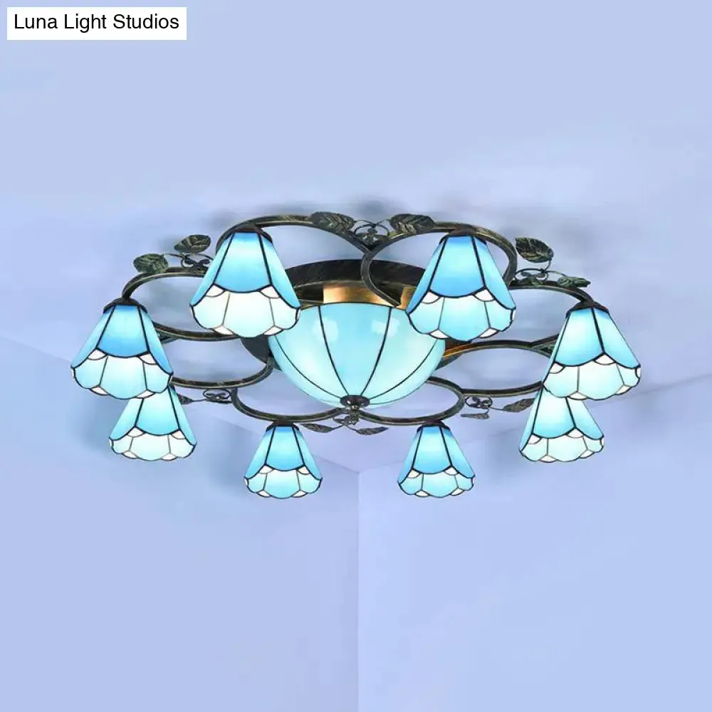 Blue Stained Glass Semi Flush Light with 9/5 Lights for Stairway - Rustic Conical Design