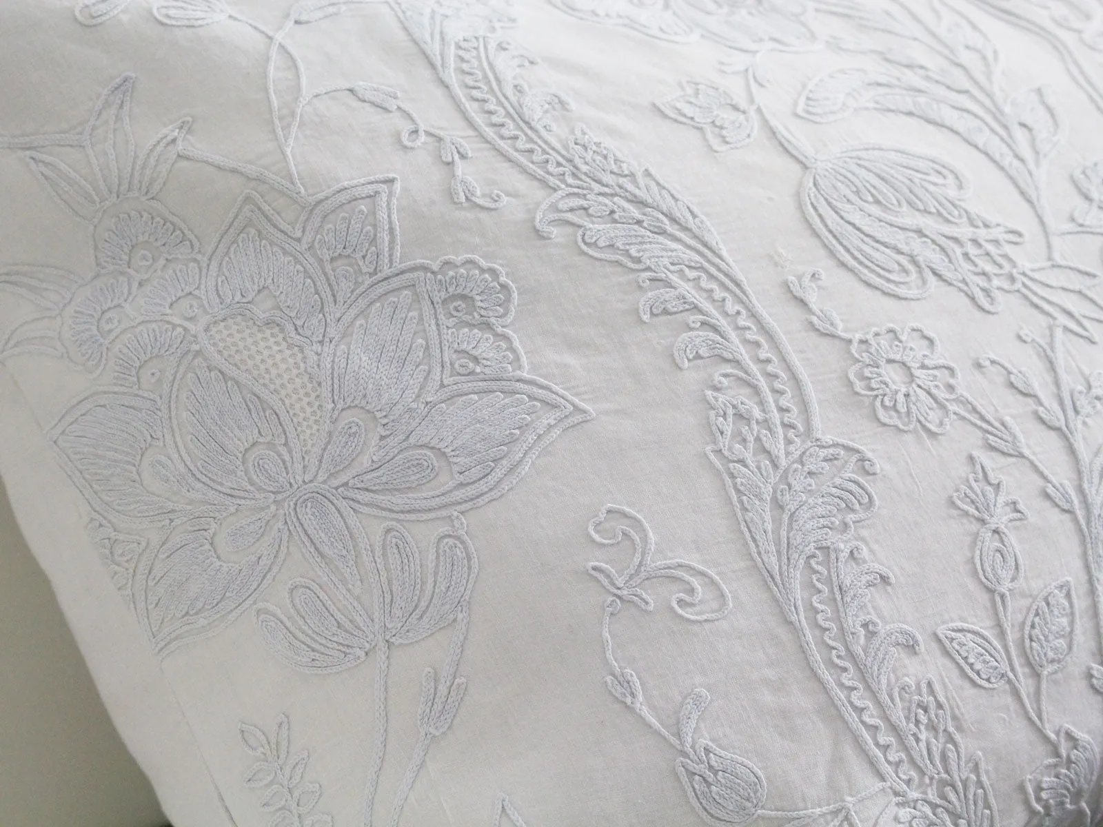 Bolsters - Antique French Pale Blue on White Cornely Embroidery on Linen Bolster PB85