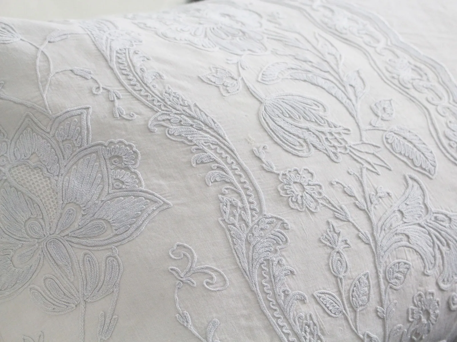 Bolsters - Antique French Pale Blue on White Cornely Embroidery on Linen Bolster PB85