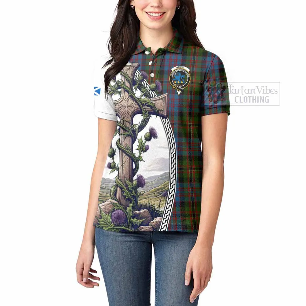 Bowie Tartan Women's Polo Shirt with Family Crest and St. Andrew's Cross Accented by Thistle Vines