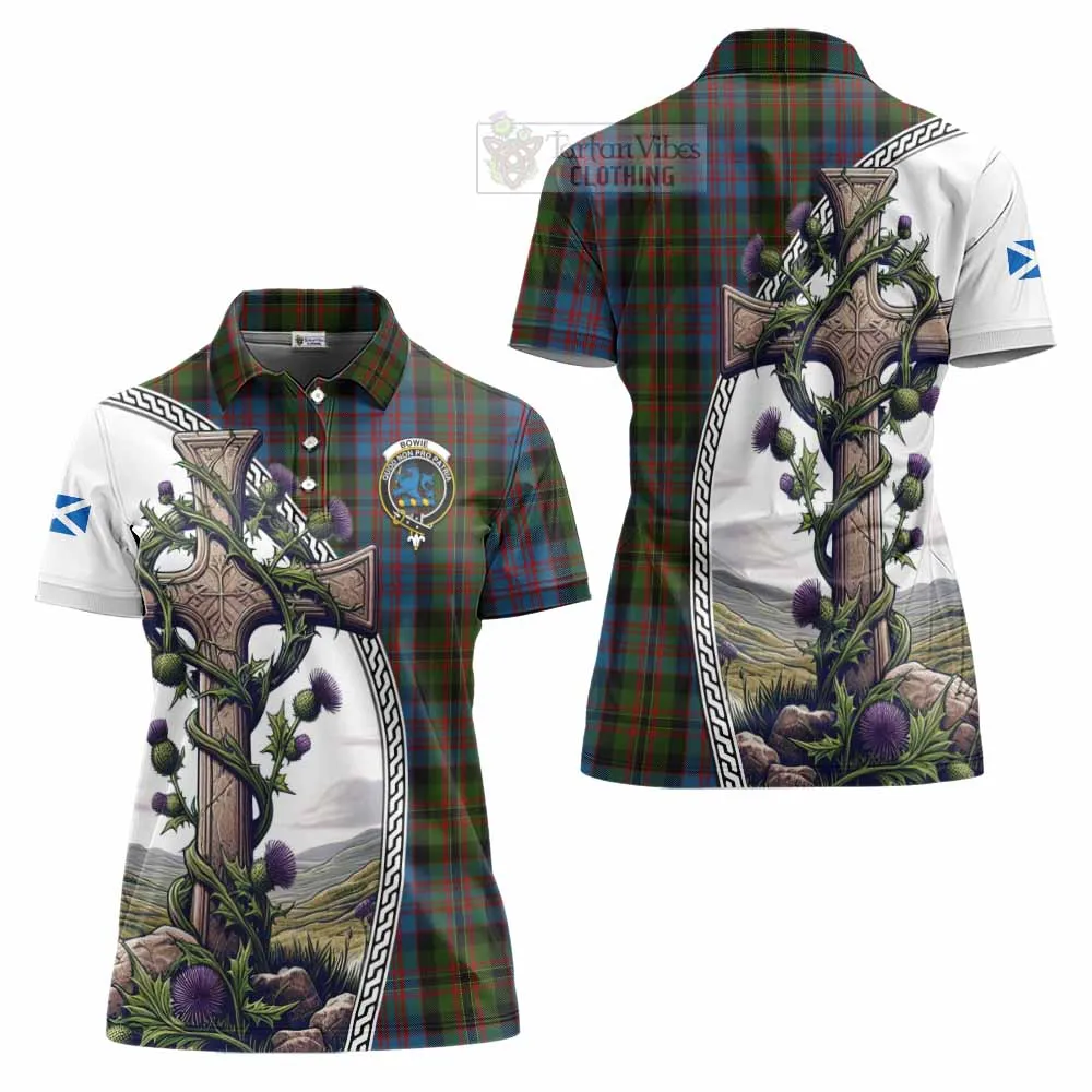 Bowie Tartan Women's Polo Shirt with Family Crest and St. Andrew's Cross Accented by Thistle Vines