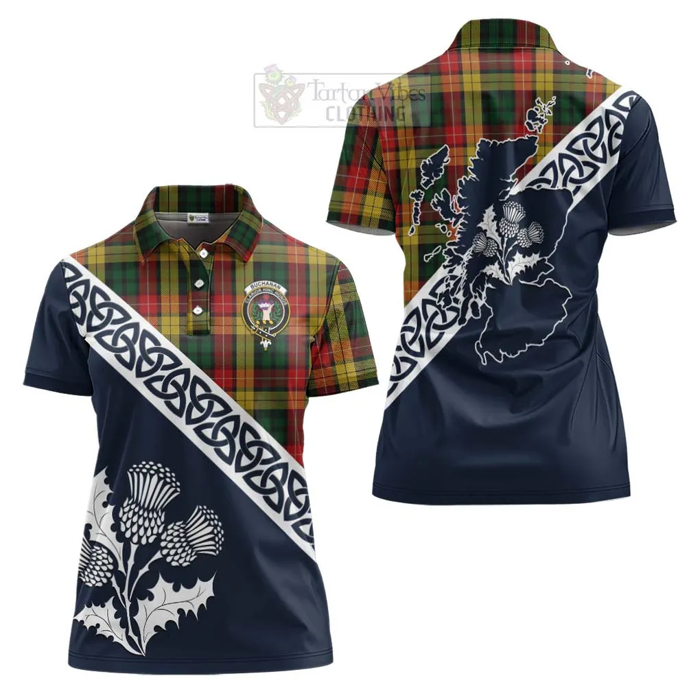 Buchanan Tartan Women's Polo Shirt Featuring Thistle and Scotland Map