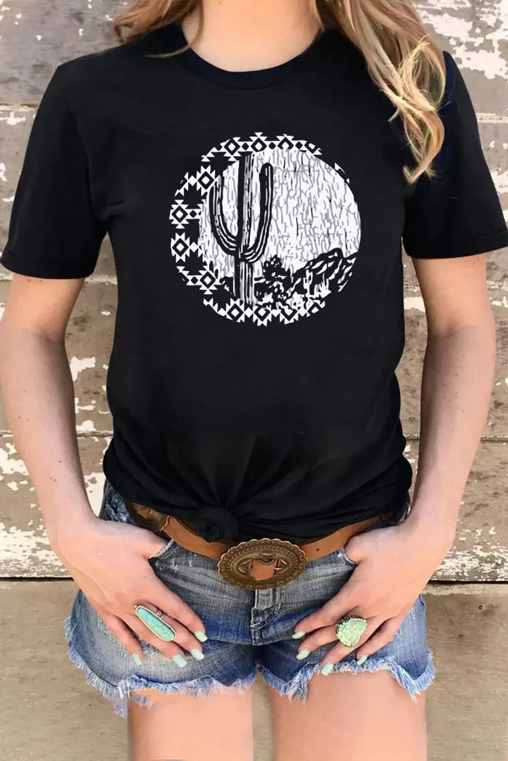 Cactus Print Short Sleeve Graphic Tee for Women