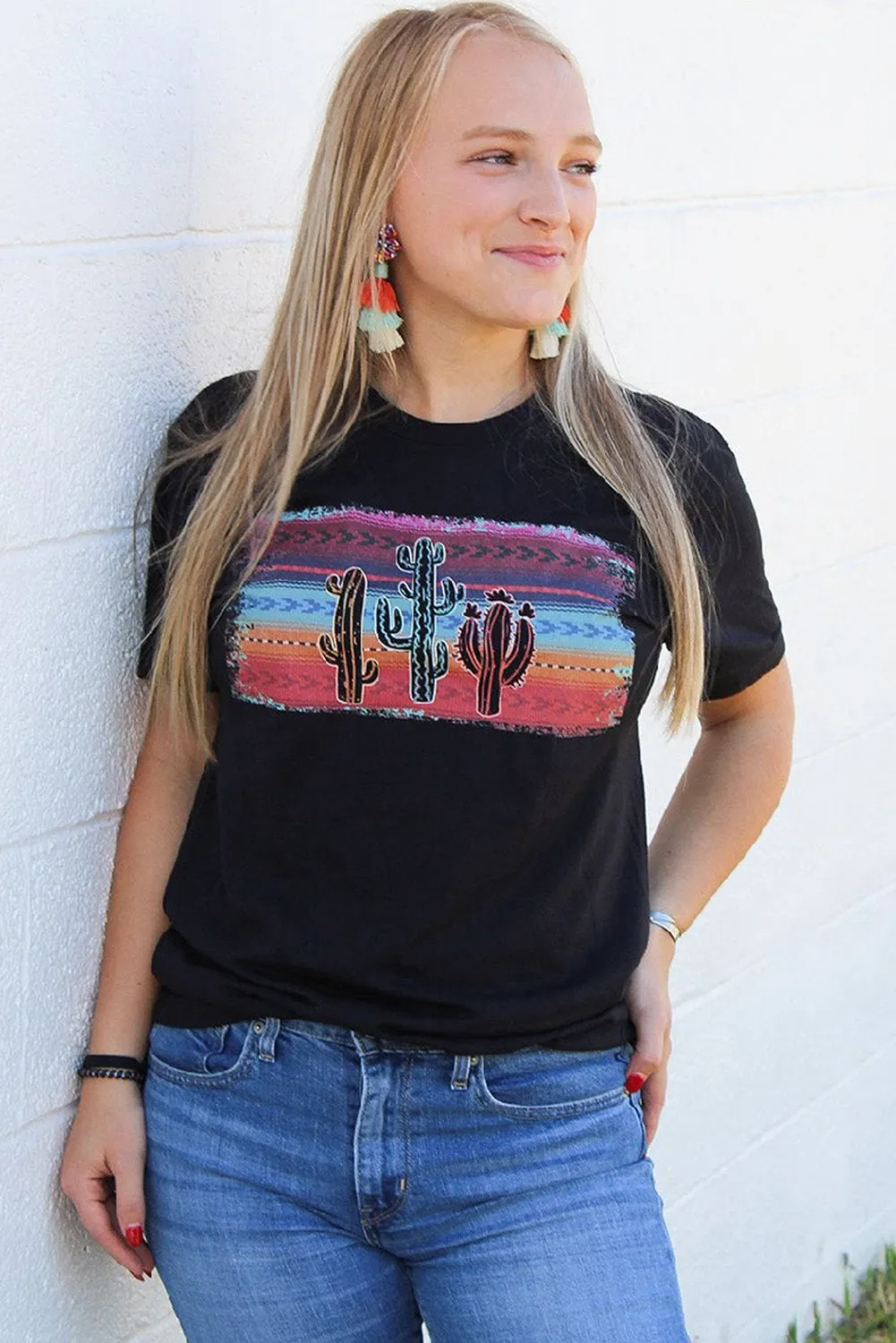 Cactus Print Short Sleeve Graphic Tee for Women