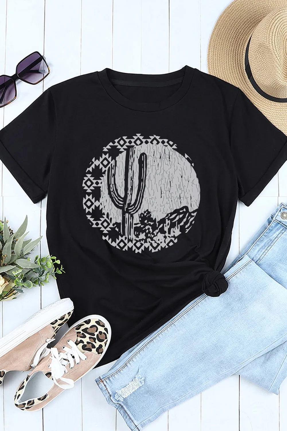 Cactus Print Short Sleeve Graphic Tee for Women