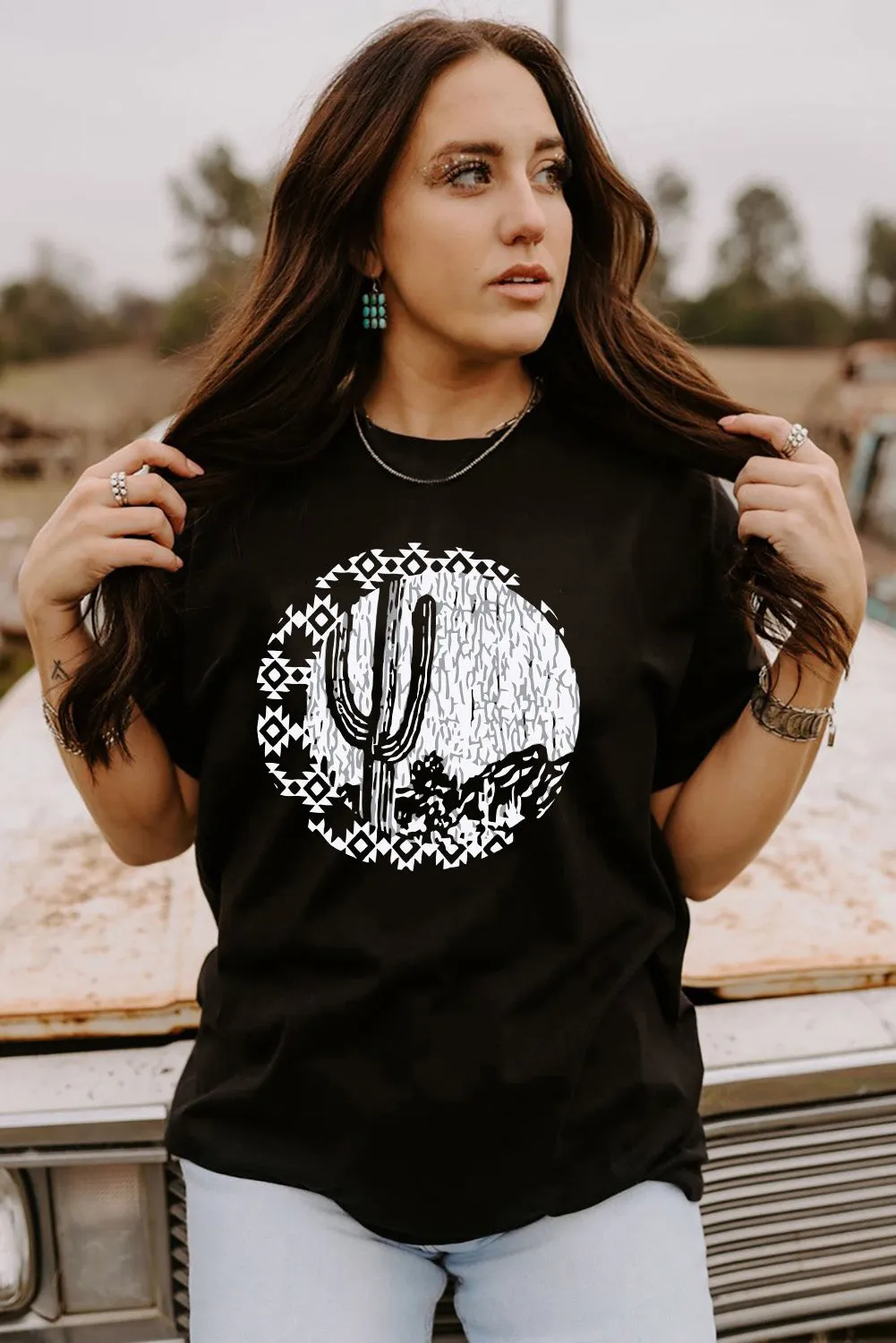 Cactus Print Short Sleeve Graphic Tee for Women