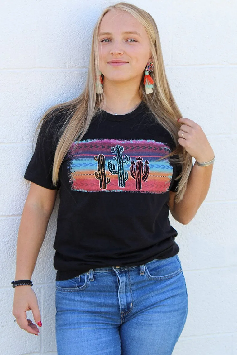 Cactus Print Short Sleeve Graphic Tee for Women