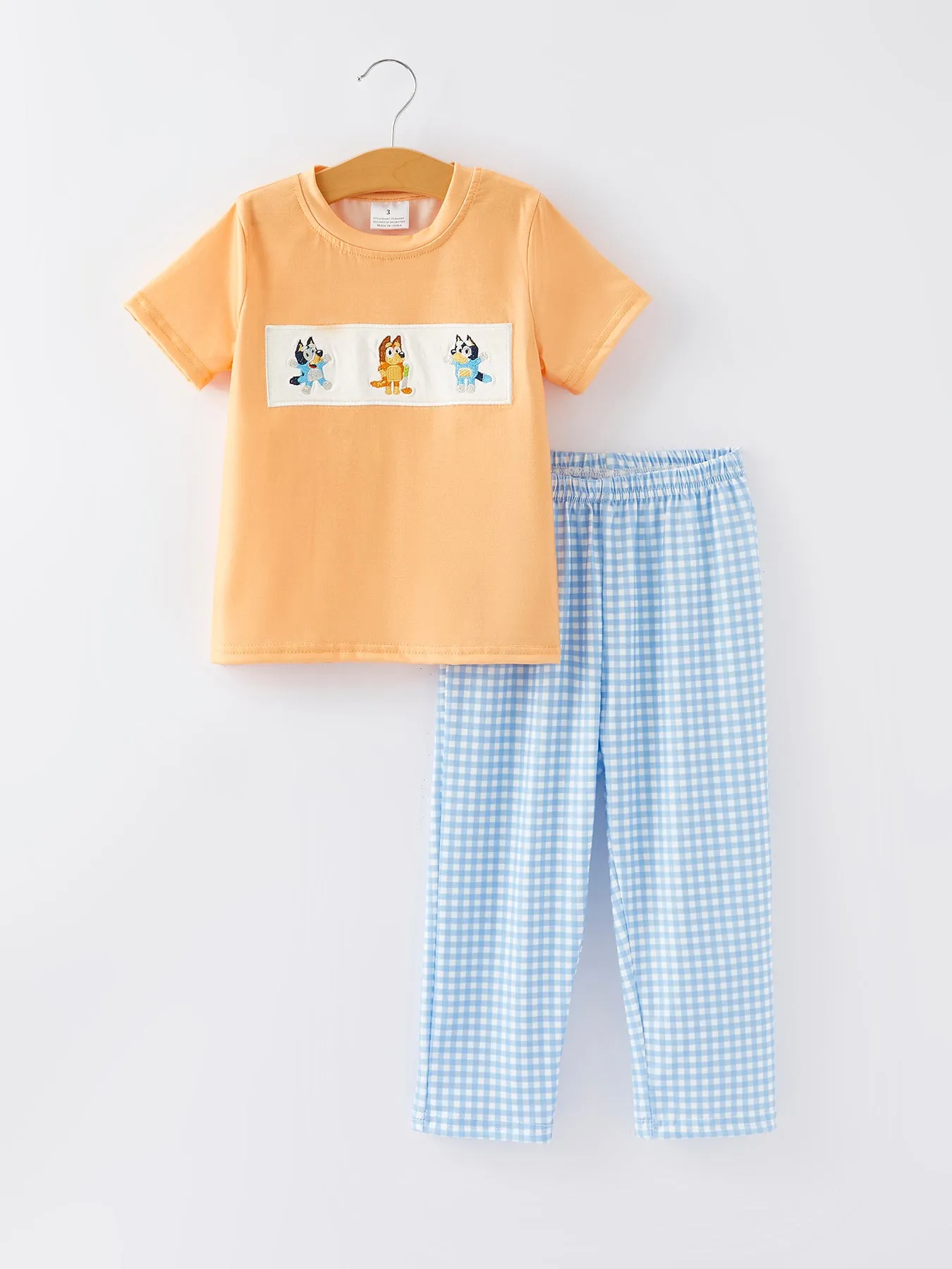 Cartoon Embroidered Boys Plaid Pants Outfit Set