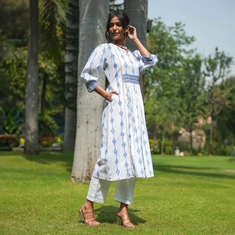 Cotton White Kurta Set for Women | Block Printed