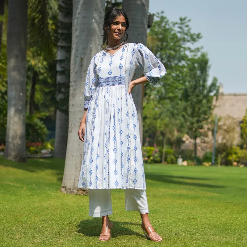 Cotton White Kurta Set for Women | Block Printed