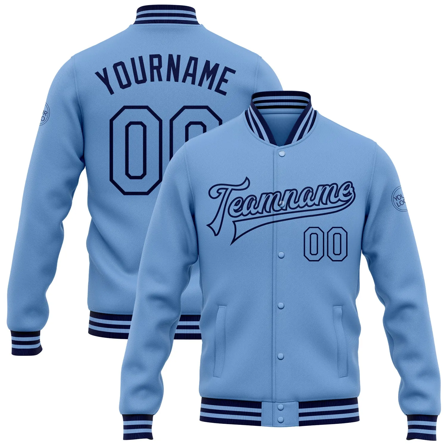 Custom Light Blue Navy Bomber Full-Snap Varsity Letterman Jacket