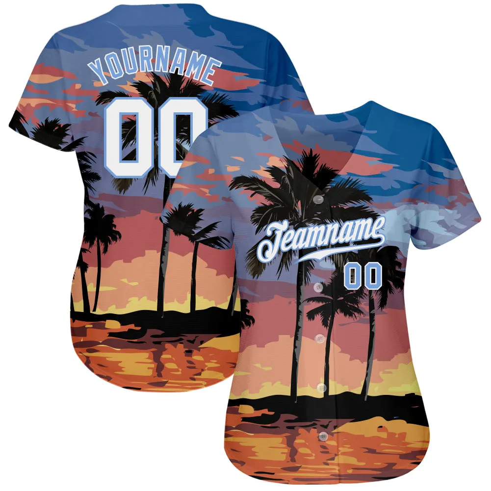 Custom Light Blue White-Light Blue 3D Pattern Design Palm Trees Authentic Baseball Jersey