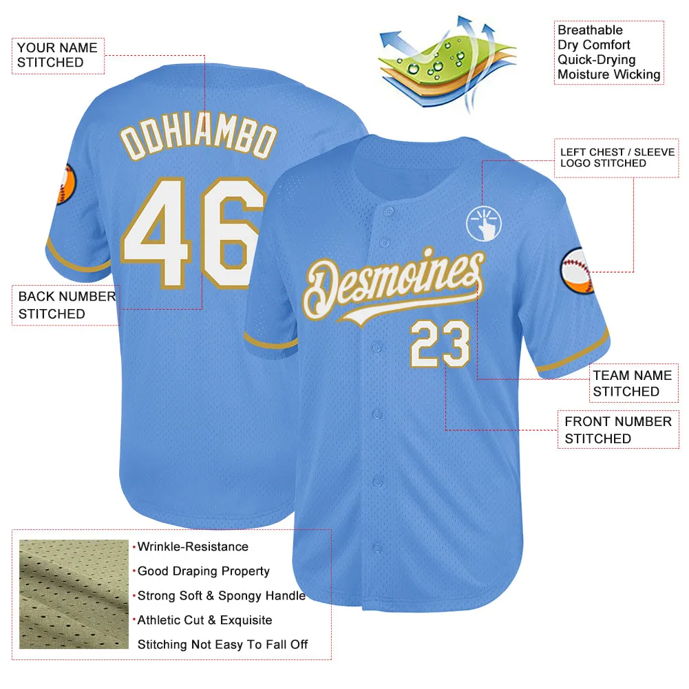 Custom Light Blue White-Old Gold Mesh Authentic Throwback Baseball Jersey