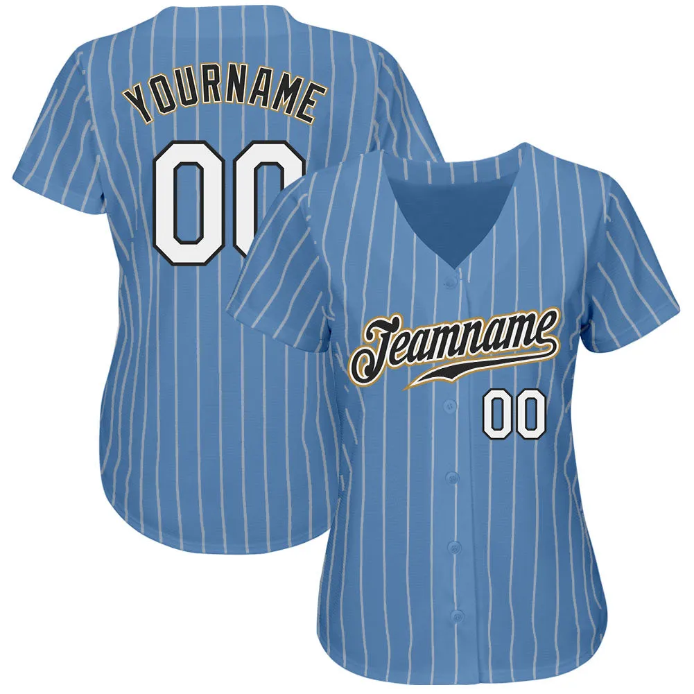 Custom Light Blue White Pinstripe White-Old Gold Authentic Baseball Jersey