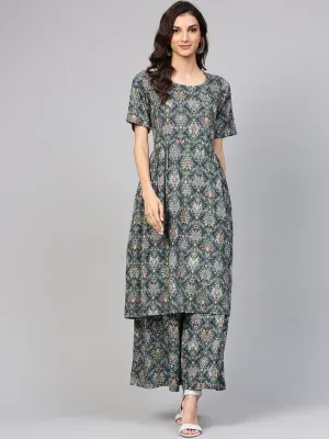 Dark green pleated anarkali Kurta with ankle length palazzo