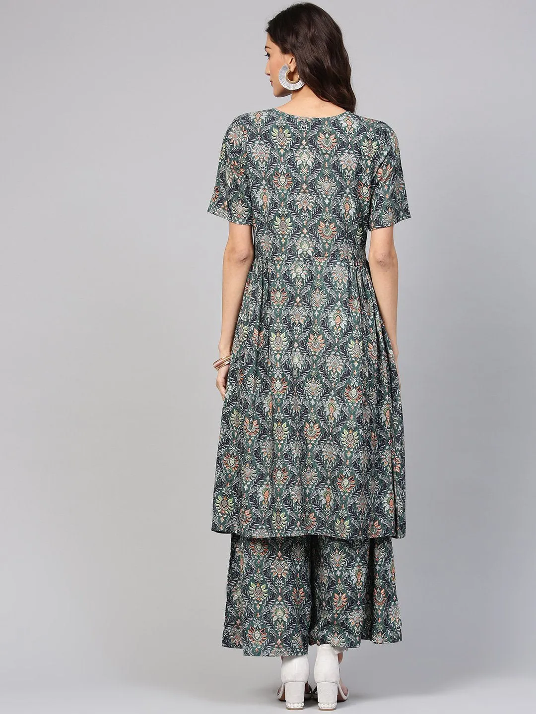 Dark green pleated anarkali Kurta with ankle length palazzo