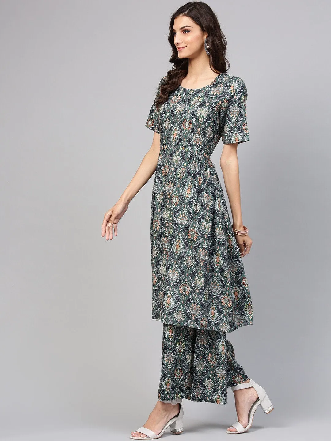 Dark green pleated anarkali Kurta with ankle length palazzo