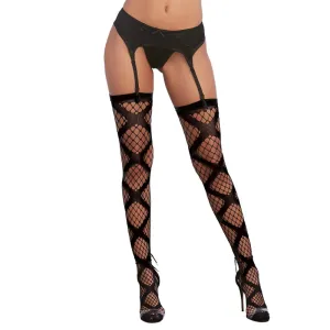 Dreamgirl Diamond-Net Thigh-High Stockings with X Design Detail and Plain Top Black OS