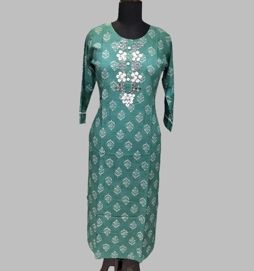 Elegant Teal Green Kurti with White Floral Embroidery