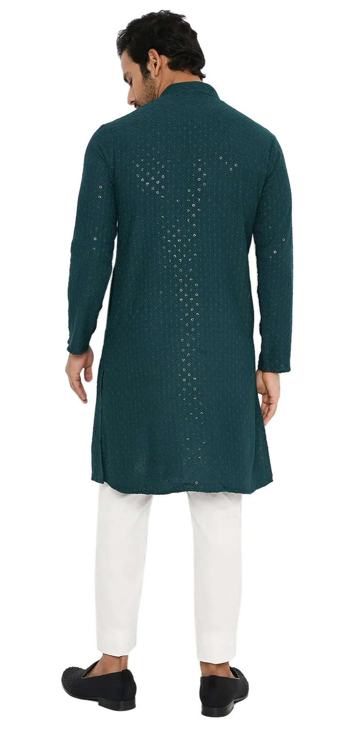 EMERALD GREEN SEQUINS & THREAD EMBRIODERED KURTA PYJAMA SET