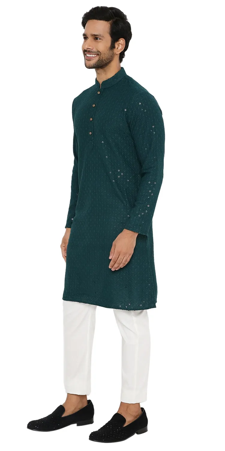 EMERALD GREEN SEQUINS & THREAD EMBRIODERED KURTA PYJAMA SET