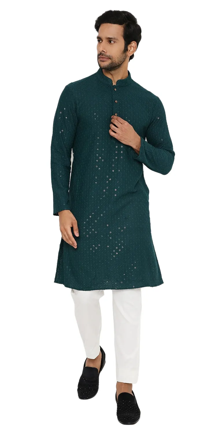 EMERALD GREEN SEQUINS & THREAD EMBRIODERED KURTA PYJAMA SET