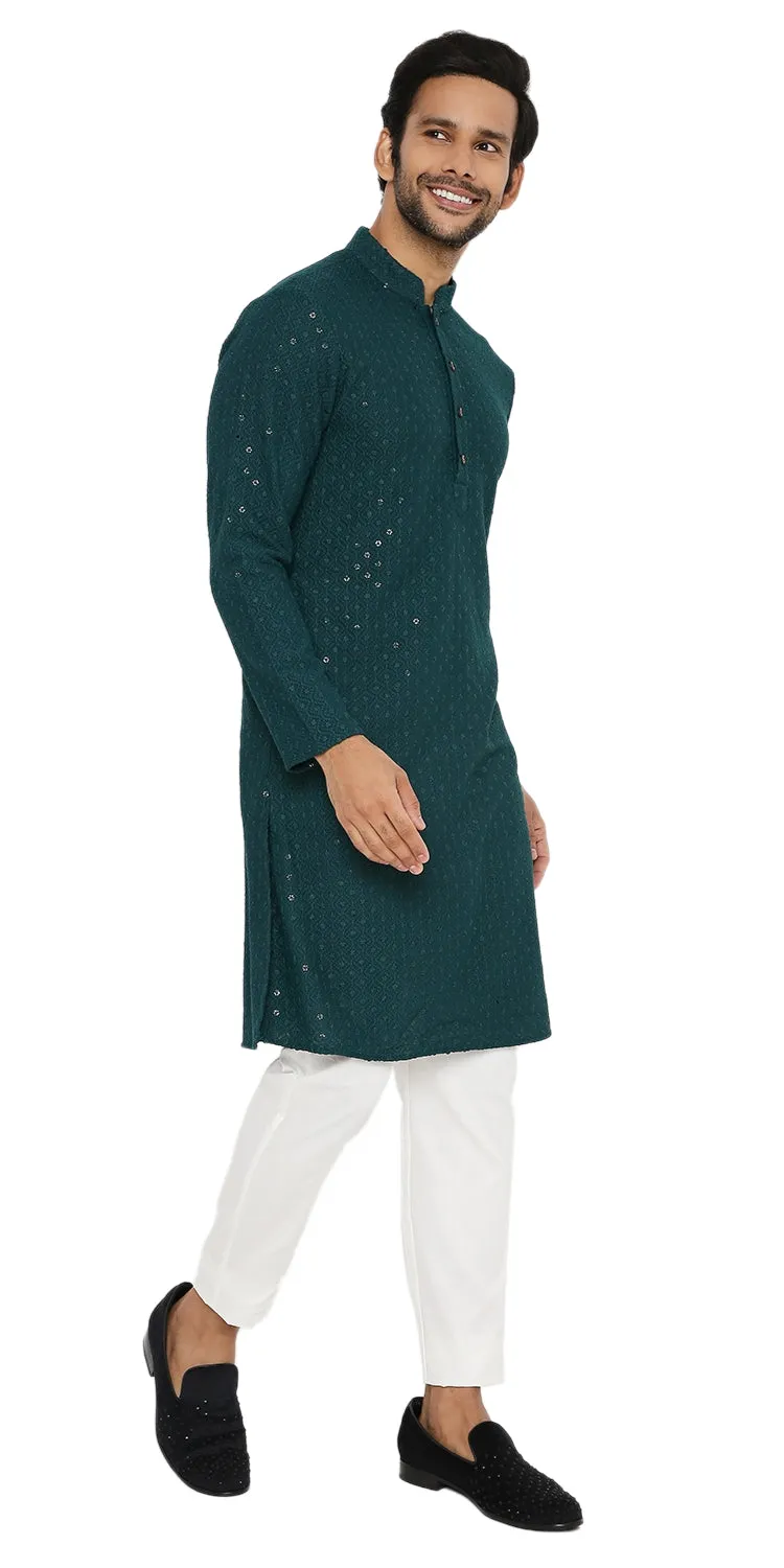 EMERALD GREEN SEQUINS & THREAD EMBRIODERED KURTA PYJAMA SET