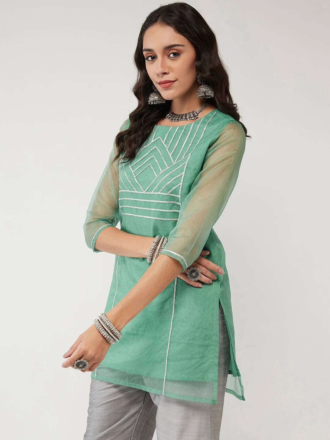 Fusion Short Pastel Kurta With Lace Detailing In Front