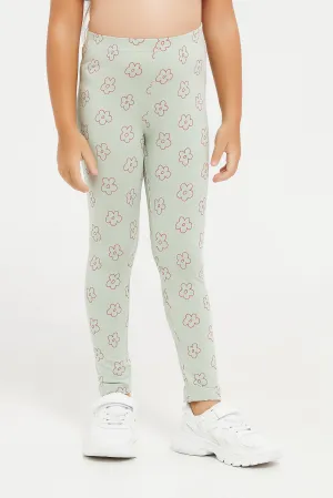 Girls Green Printed Leggings