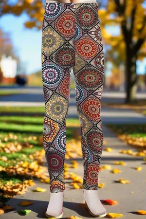 Girls Mosaic Leggings, Kids Yoga Pants, Size S, No-Roll Waist, Brown/Multi