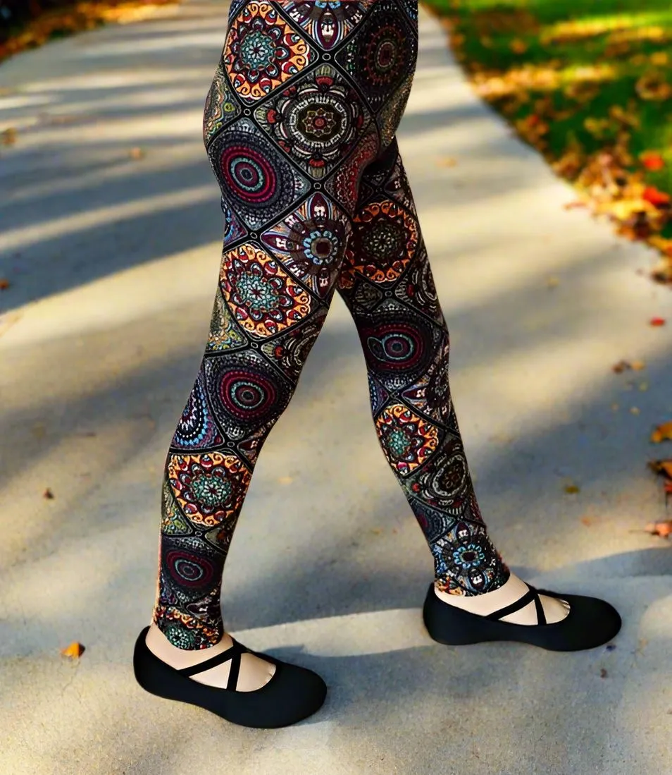 Girls Mosaic Leggings, Kids Yoga Pants, Size S, No-Roll Waist, Brown/Multi